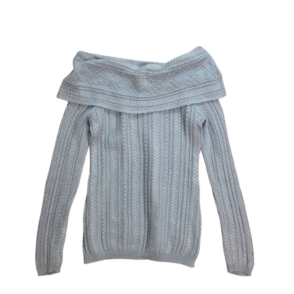 White House Black Market Gray Off-Shoulder Cable Knit Sweater - Picture 3 of 6